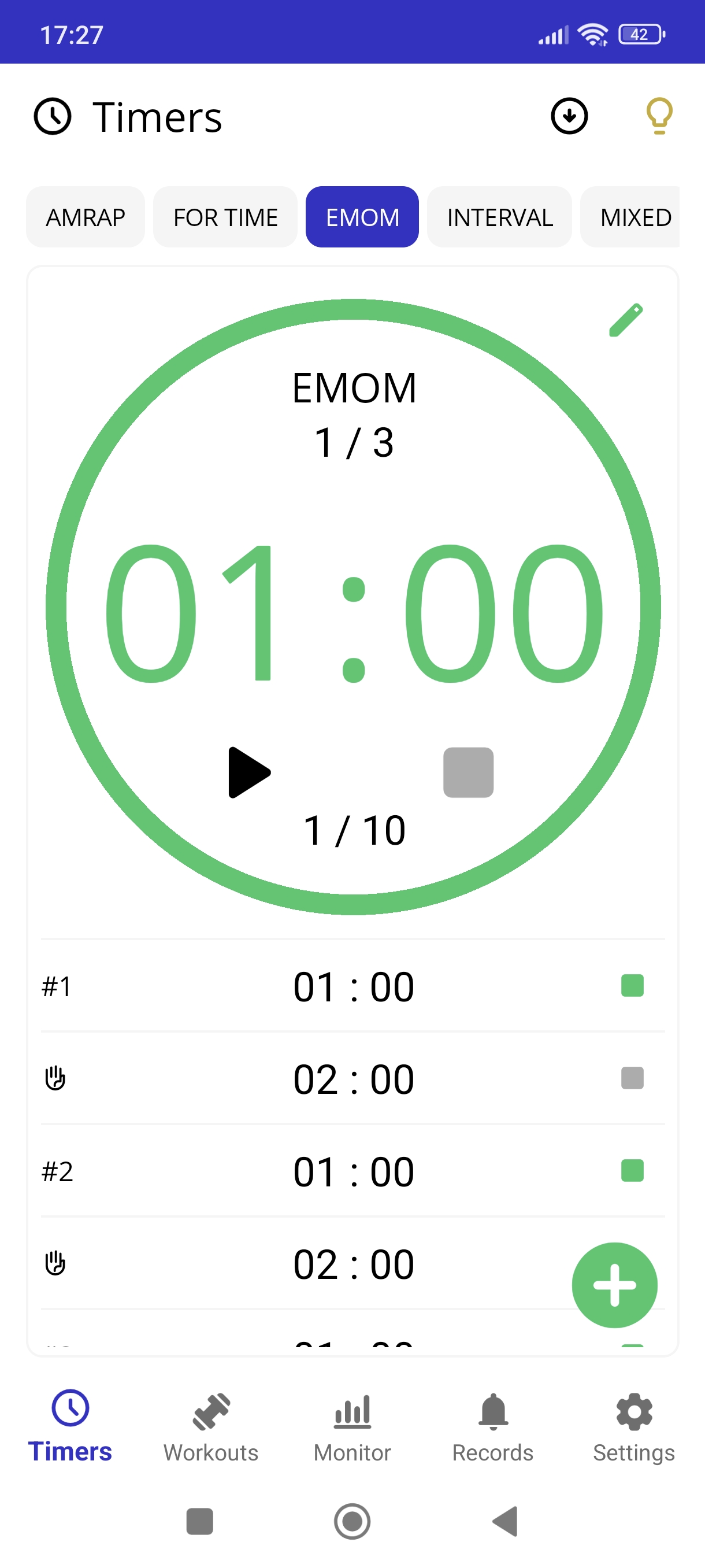 WODeye main workout interface with timer and exercises